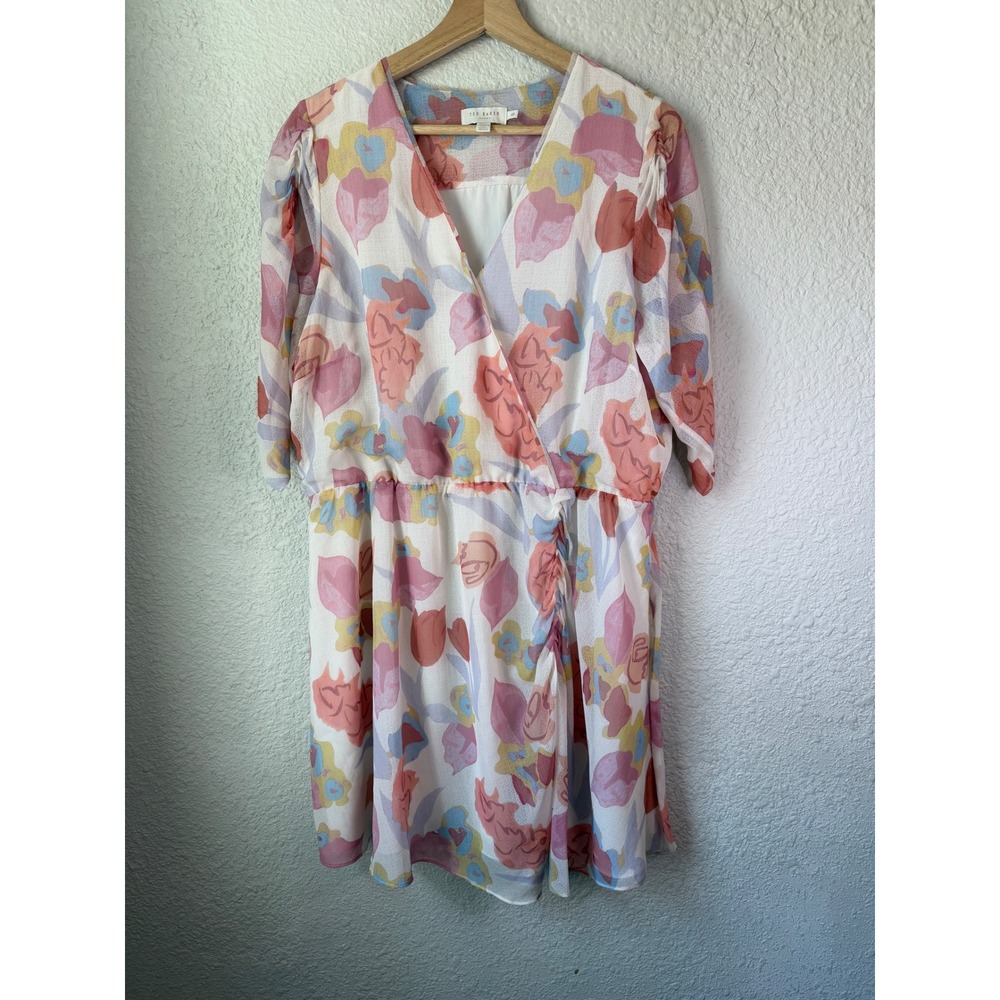 Ted Baker London Juleah Floral Wrap Mini Dress Pink Blue Watercolor Size 5 L